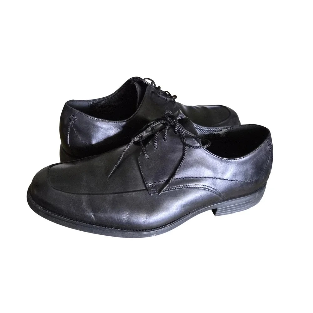 Hush‎ Puppies Mens Black Leather Derby Dress Shoes Square Toe Lace Up GUC 13 EW